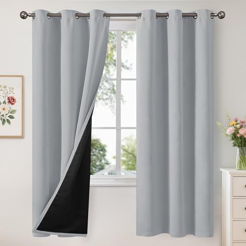 Image of YoungsTex 100% Blackout Curtains for Winter Living Room Window, Thermal Insulated Black Out Drapes with Grommet for Bedroom Noise Reduce Energy Saving, 2 Panels, Light Grey, 42 X 72 Inch