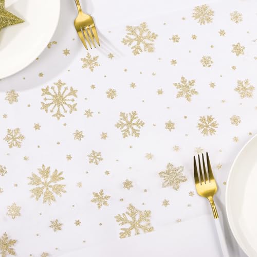 28cm×10Yards Runner da Tavolo Natalizio, Rotolo Tulle Oro Bianco in Organza Fiocchidi Neve, Decorazione Tavolo per Natale Capodanno Compelanno Feste