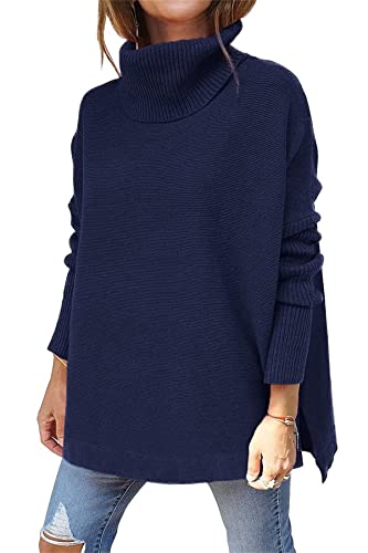 Womens Turtleneck Oversized Sweaters Long Sleeve Tops Spilt Hem Tunic Pullover Sweater Fashion Fall 2024 Knit Tops Navy