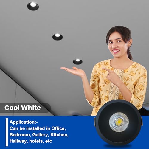 Image of D'Mak 12W Black Body LED Deep COB Light | Recessed LED Ceiling Light for Indoor Lighting (White, Pack of 4)