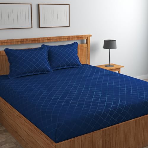 Image of Blue Strip 300 TC Cotton Feel Glace Cotton Elastic Fitted Printed King Size Double Bed Bedsheet with 2 Pillow Covers Fits Upto 9 Inches, Size- 72x78x10 Inches