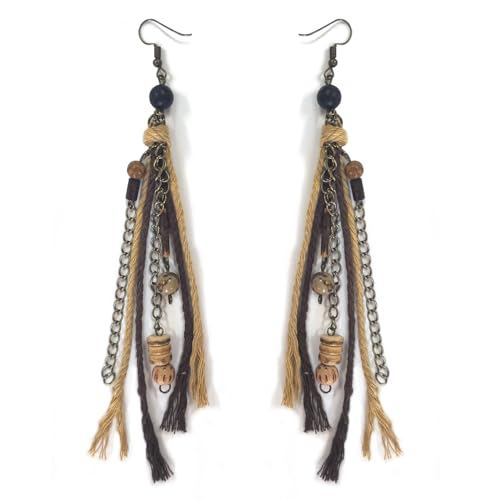 Hippie Renaissance Earrings West Rustic Vintage Country Long Tassel Wood Jewelery for Women