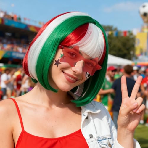Image of ANOGOL Green White Red Bob Wig with Bangs Short Green Wigs for Women