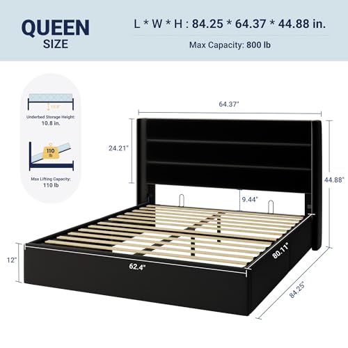 Image of Allewie Queen Size Velvet Lift Up Storage Bed, Modern Wingback Headboard, Hydraulic Support, No Box Spring Needed, Black