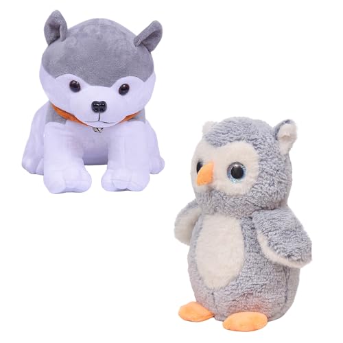 Image of TOYTALES Soft Toy Combo Pack Grey Husky Dog & Cute Owl Plush Stuffed Animals for Kids, Huggable Cuddly Soft Toys for Girls & Boys, Birthday & Baby Gift Set (Pack of 2)