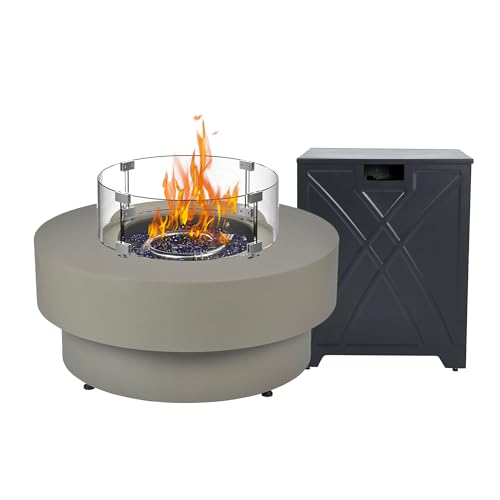 32.5-inch Outdoor Gas Fire Pit with 20lb Propane Tank Cover Table & Wind Glass Shield,50,000BTU Propane Gas Fire Pits for Outside Patio w/Round Burner Lid, Glass Rocks