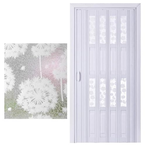 Puerta de acordeón interior plegable de PVC con patrón de diente de león, panel deslizante interno acrílico esmerilado, altura de ducha telescópica de 80 pulgadas, 178 x 203 cm