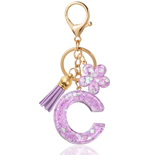 ANHBKAR Purple Flower Initial Keychain - Resin Letter C Bag Charm for Women, Girls (C-PURPLE)
