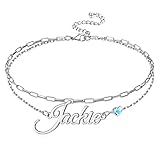 YAFEINI Personalized Name Anklet Sterling Sliver Customized Layered Name Anklet Bracelet with Heart Birthstone Jewelry Gifts for Mother Women