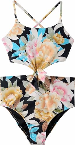 O'Neill Girls Mikah Floral Knot Front One Pi Swim Complete, Black, 14