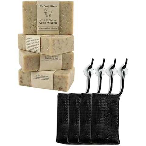 Bundle of 4 Unscented Oatmeal Honey Goat Milk Soap Bars with 4 Soap Saver Mesh Bags Cover