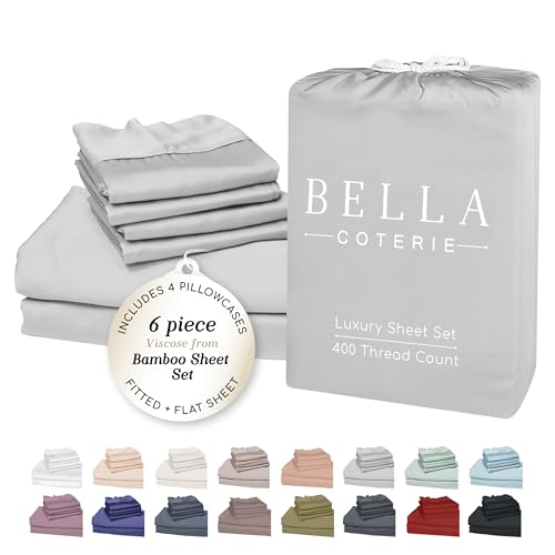 Bella Coterie 6 Piece Luxury Bamboo Viscose Queen Size Sheet Set | 100% Organically Grown | Cooling for Hot Sleepers | 18" Deep Pocket | Soft & Hypoallergenic | 4 Pillowcases [Grey Mist]