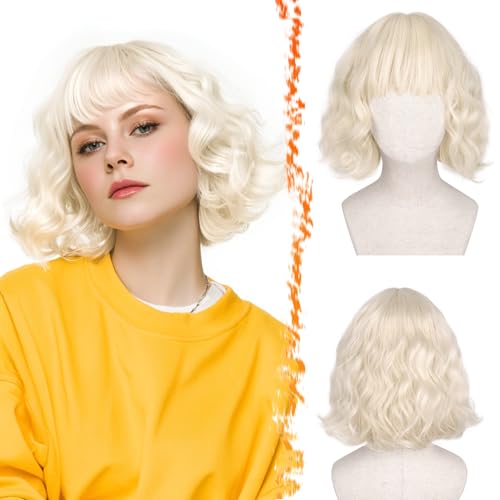 BARSDAR Short Wavy Platinum Blonde Wig with Bangs - Short