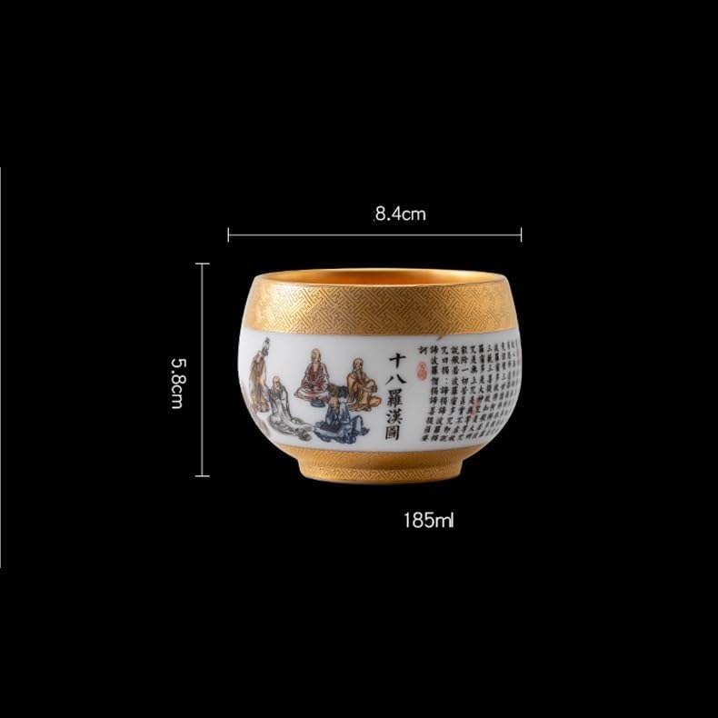 Tea Cup Gilded Owner's Hand-Painted Eighteen Arhats Ink-and-Color Vintage Zen-Inspired Personal Set Soaking Container