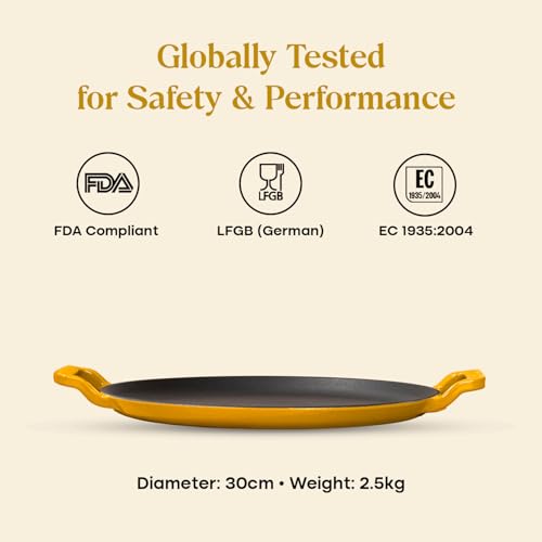 Image of CUMIN CO. Cast Iron Non Stick Dosa Tawa 30 cm | Induction Base Cookware | 10 Year Warranty | Chemical Free Coating | Non Toxic Tawa for Dosa /Chilla | Free Accessories | No Seasoning Needed | Mustard
