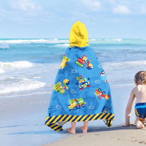 Image of Engineering Vehicle Boys Beach Towel with Hoodie for Kids Toddlers Age 4-8,Car Blue Bath Towels Shower Wrap for Boys, Hooded Poncho Beach Blanket for Pool Swimming Cute Wearable Bath Towel for Child