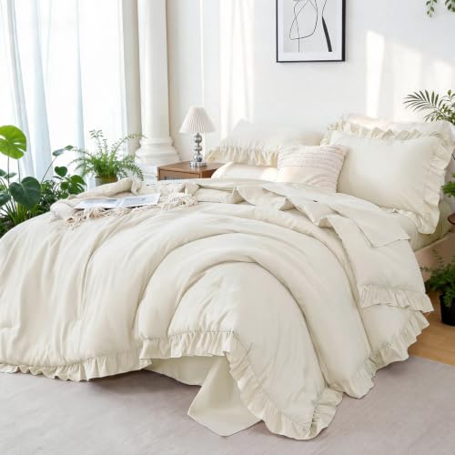 ZRNBAST Beige Full Comforter Set 5 Pieces Ruffle Shabby Chic Bedding Set for All Season Lightweight Fluffy Soft Microfiber Bed in a Bag Ruffled Boho Farmhouse Bed Sets ZRNBAST Beige Full Comforter Set 5 Pieces Ruffle Shabby Chic Bedding Set for All Season Lightweight Fluffy Soft Microfiber Bed in a Bag Ruffled Boho Farmhouse Bed Sets - Image 1