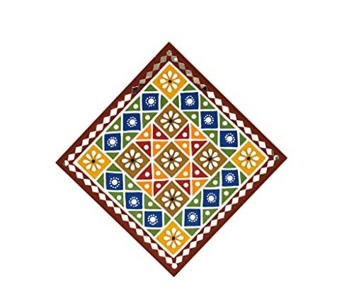 Image of Ethnics of Kutch Traditional Kutch Handicraft Mud-Mirrorwork Lippan Kam Wall Art (Water and Break Resistant) - Square (12 inch x 12 inch) - (Brown - LKT-0216)
