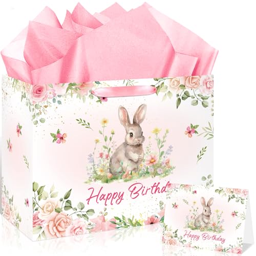 Spring Bunny Birthday Gift Bag Bunny Birthday Easter Party Decorations Large Pink Floral Rabbit Gift Bag with Handle Tissue Paper Greeting Card for Girls Women Kids Bday Baby Shower Party Supplies