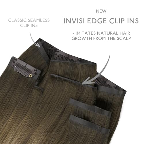 Image of WENNALIFE Invisi Edge & Classic Seamless Clip in Hair Extensions Real Human Hair, 12 Inch 80g 7pcs Ombre Walnut Brown to Ash Brown and Bleach Blonde Hair Extensions for Women Invisible Straight Inject