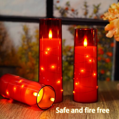 Image of Nimiko Flickering Flameless LED Candles,Battery Operated Candles 9 Pcs with Embedded Star String,Acrylic LED Pillar Candles with Remote,Suitable for Home Decoration to Create an Atmosphere(Red)