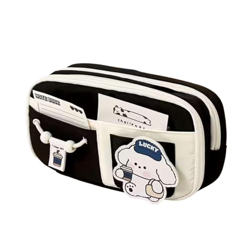 Image of Canvas School Bag Pencil Case, 3 Layer 6 Compartment Large Capacity, Aesthetic Pencil Pouch for Stationary, Cute Stationery for Kids, Pencil Case for Girls & Boys (Black)