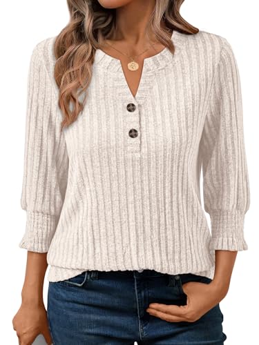 AUTOMET Womens 3/4 Length Puff Sleeve Henley V Neck Tops Fall Dressy Caual Shirt Lightweight Sweater Tunic 2025