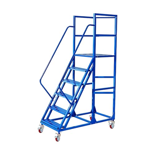 Image of Rolling Ladder with Wheels, Mobile Rolling Stairs with Handrail for Industrial Warehouse, Rolling Steps Ladder with Fence, for High Shelf Aisles, Warehouses, Supermarkets, Libraries (Blue, 6 Steps)