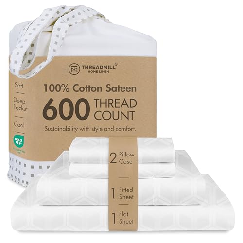 Image of Threadmill 100% Cotton Sheets for Full Size Bed - 600 Thread Count Full Bed Sheets Set with 16 inch Deep Pocket - Jacquard Sateen Weave 4-Piece Bedding Set with Cooling Effect, Light Grey
