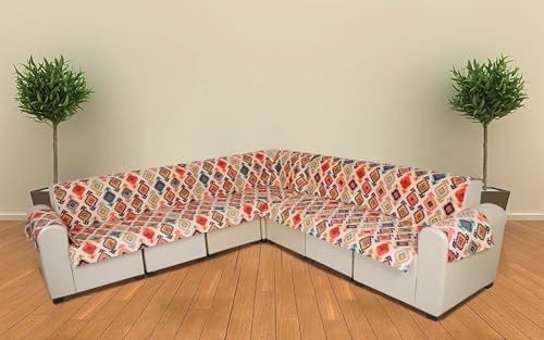 Image of l Shape Sofa Cover 7 Seater | Velvet Quilted Anti-Slip Sofa Cover Protector Covers | Sofa Cover for Living Room | Sofa Slipcovers | 3+2 (L-Shape) Ethnic Vibrance (Multicolor Delight)