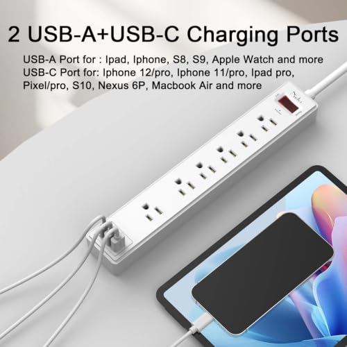 Image of 10Ft Power Strip Surge Protector - Nuetsa Extension Cord with 6 AC Outlets and 3 USB Ports for Home, Office, Dorm Essentials, 1680 Joules, ETL Listed, White