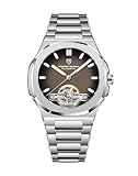 Pagani Design Orologio da uomo con quadrante scheletrato con lancette luminose, orologio impermeabile in acciaio inox da 42 mm, orologio da polso meccanico automatico di lusso, Marrone Pdys025ag