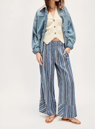 Juakoso Women Striped Wide Leg Pants Loose Elastic Waist Lounge Pants Boho Flowy Straight Leg Casual Trousers with Pockets2