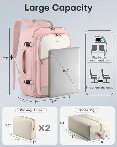 Image of HOTOR Travel Backpack for Women - TSA-Friendly Travel Bag with Multiple Compartments & 3 Packing Cubes, Water-Resistant & Comfortable, Perfect for Travel Essentials, Pink, 17.3 inch x 13.0 inch x 7.9 inch