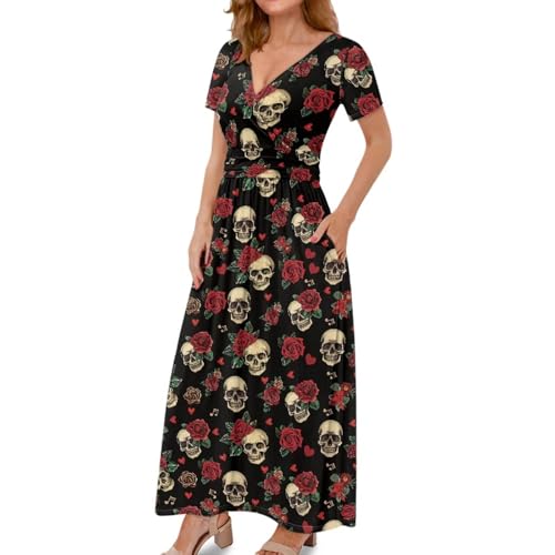 Image of Women's Fall Summer Short Sleeve Ankle Length V-Neck Party Dress with Pockets Size S-3XL
