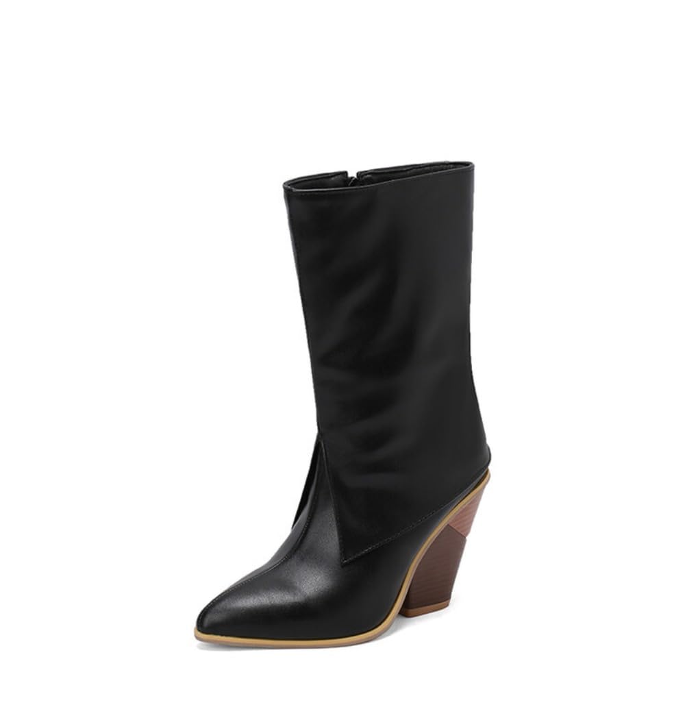 Cowboy Boots for Women Retro Cowgirl Boots Wide Mid Calf Pointed Toe Chunky Heel Arch Support Stylish and