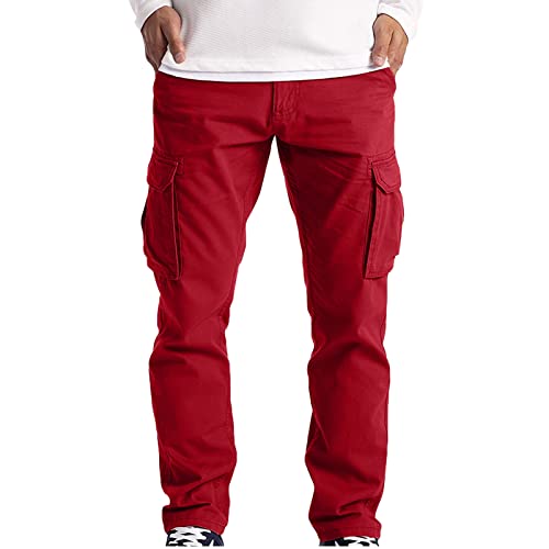 Men's Solid Multi Pocket Outdoor Pants Lightweight Military Army Trousers Casual Loose Straight Leg Cargo Pant (Red,Large)