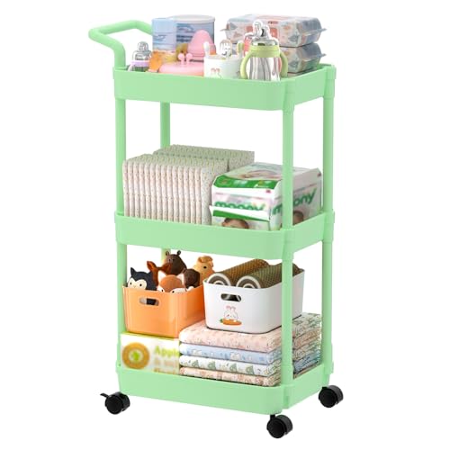 Image of Volnamal 3-Tier Diaper Caddy Organizer, Plastic Diaper Cart, Green | Diaper Organizer for Nursery Essentials, Baby Organizers and Storage, Movable Cart for Changing Table & Crib, Baby Registry