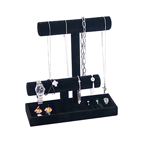 ByKen Multi-Functional Necklace Holder,Bracelet Holder,Jewelry Organizer Stand with Earrings Rings Tray,Jewelry Holder for Scrunchie Watches Detachable(Black Velvet)