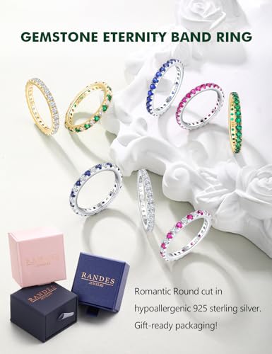 Full Eternity Band Rings for Women Sterling Silver/Yellow Gold Plated Wedding Bands Sapphire/Emerald/Ruby 2mm Thin Stacking Anniversary Ring Size 6-104