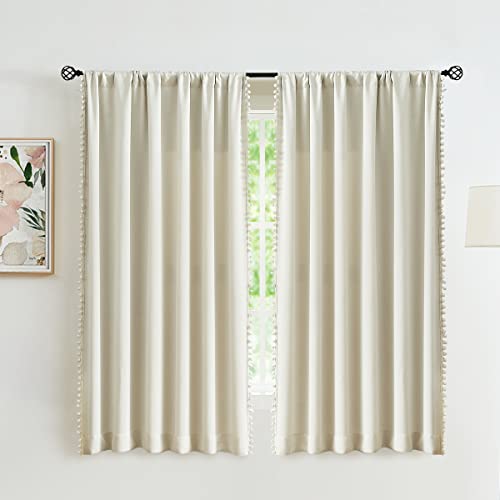 Image of Treatmentex Pom Pom Curtains for Living Room 63 inch Natural Thermal Insulated Room Darkening Curtain Panels for Bedroom Window Drapes Nursery Kids Guest Room Hotel Ivory 52 inch w x2 Panels Rod Pocket