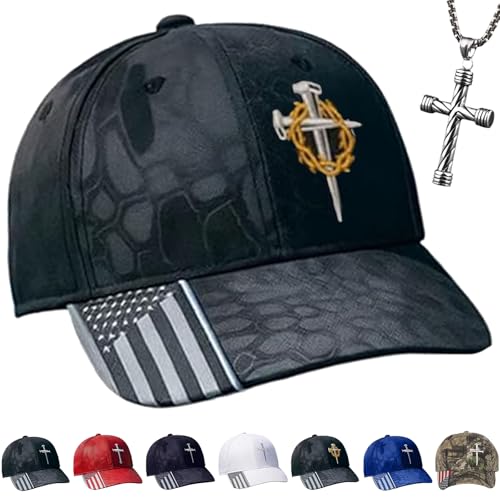Christian Cross Three Nail Hat with American Flag,...