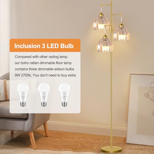Image of ZECOXOL Gold Floor Lamps for Living Room 3 Lights Floor Lamp with Glass Lampshape & Three Led Bulb,Mid Century Standing Lamp
