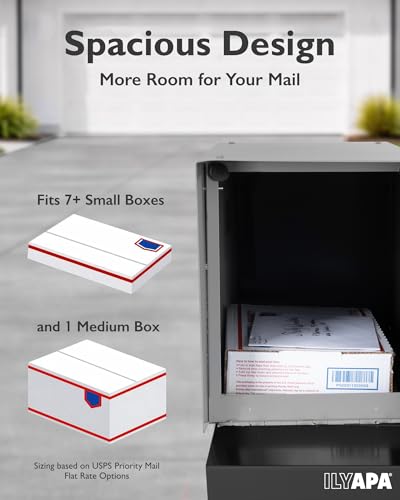 Image of Ilyapa Modern Mailbox for Post Mount - Gray with Black Door Powder Coated Steel, Waterproof Letter Box for Parcels, with Recessed Magnetic Close Door