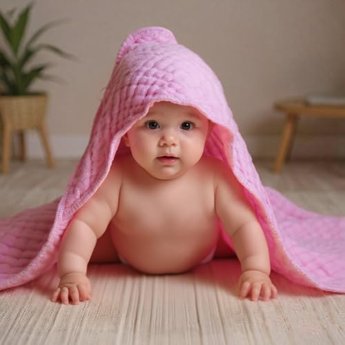 Image of VitalCozy 6 Pcs Baby Muslin Hooded Bath Towels and Washcloths, Muslin Hooded Baby Towels Absorbent Blankets for Gift Newborn Infant Shower (White,Pink)