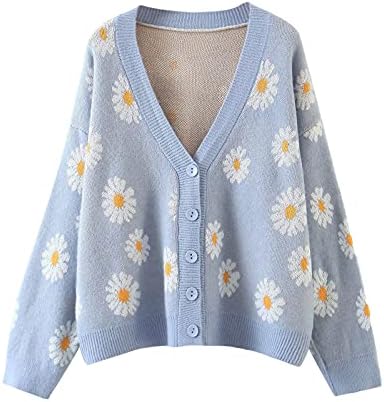Women Y2K Floral Print Knit Cardigan Sweater Long Sleeve V Neck Button Down Sweater Vintage Aesthetic 90s Outerwear Tops (Blue, OneSize)