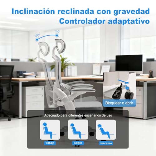 Miniatura 4 de Magic Life Silla de Oficina ergonómica con cojín elástico, Respaldo de Malla Transpirable, reposabrazos Plegables, Soporte Lumbar, Altura Ajustable, Silla de Escritorio para Oficina y hogar