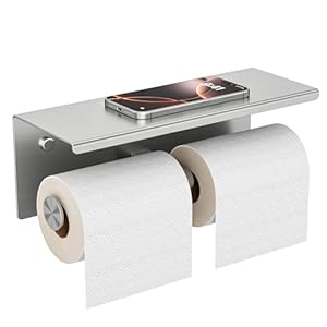 FORIOUS Double Toilet Paper Holder with Shelf, Wall Mount Tissue Roll Holder for Bathroom, 304 Stainless Steel Commercial Toilet Tissue Dispensers with Phone Shelf (1, Stainless Steel)