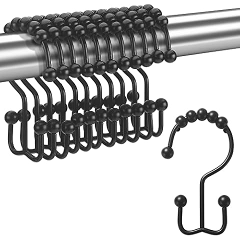 Titanker Black Shower Curtain Hooks Rings, Rust-Resistant Metal Double Glide Shower Hooks for Bathroom Shower Rods Curtains, Set of 12 Hooks - Matte Black Cover