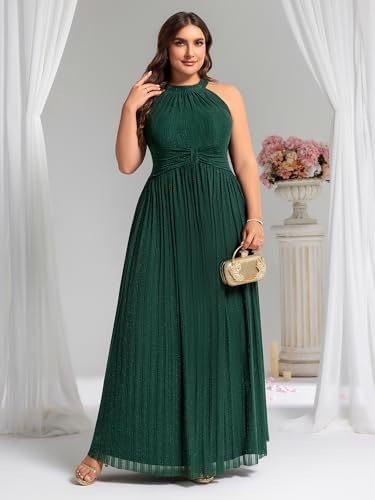 Image of Ever-Pretty Plus Women's Floor Length A-Line Halter Sleeveless Pleated Glitter Plus Size Formal Dress Evening Gown